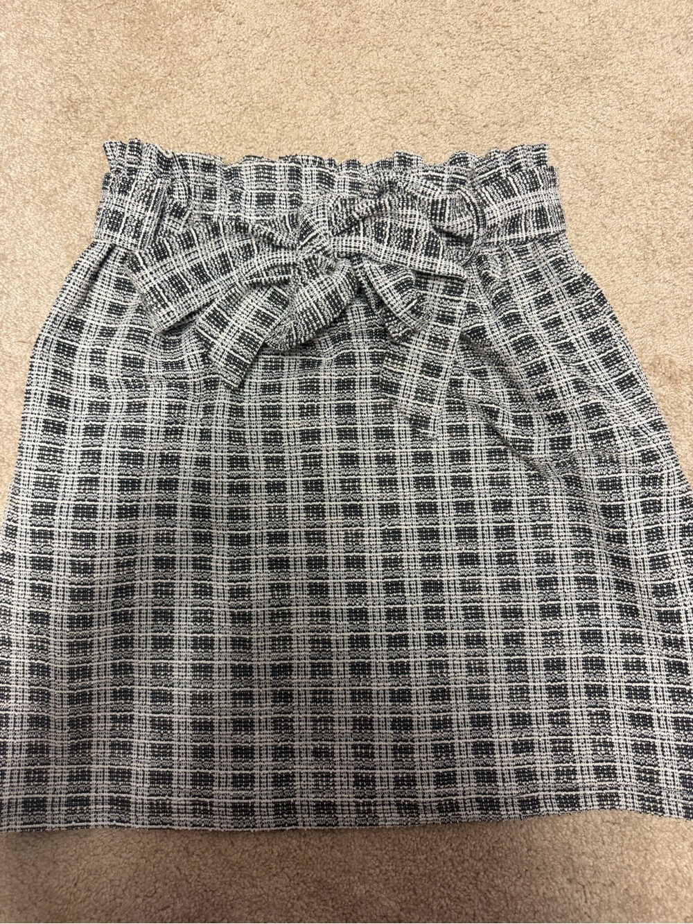 Plaid Paperbag Waist Skirt with Tie - Black & White